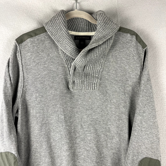 Banana Republic Shawl Collar Sweater Mens Large Gray Elbow Shoulder Patch Cotton - Picture 2 of 16